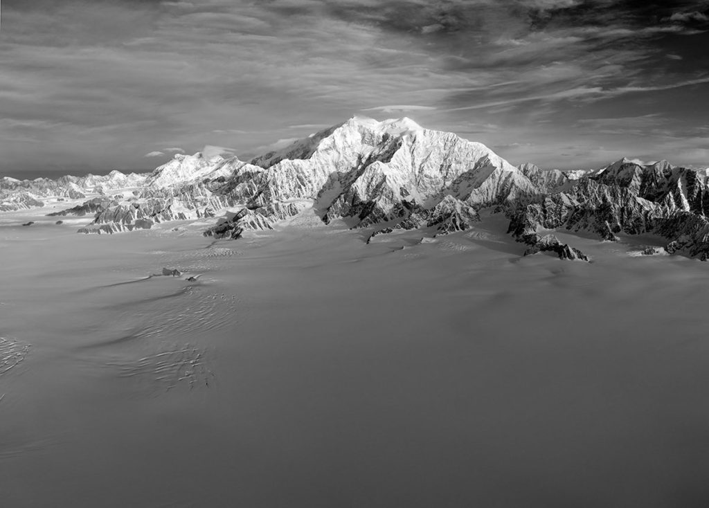Aerial photograph of Mt. Logan, Yukon. Image was taken from over the Seward Glacier.